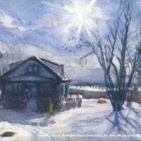 Watercolor Home Overlooking the River Winter